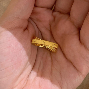 中古金色拉丝双环交叉星芒戒指女小众设计食指戒2025新款爆款指环