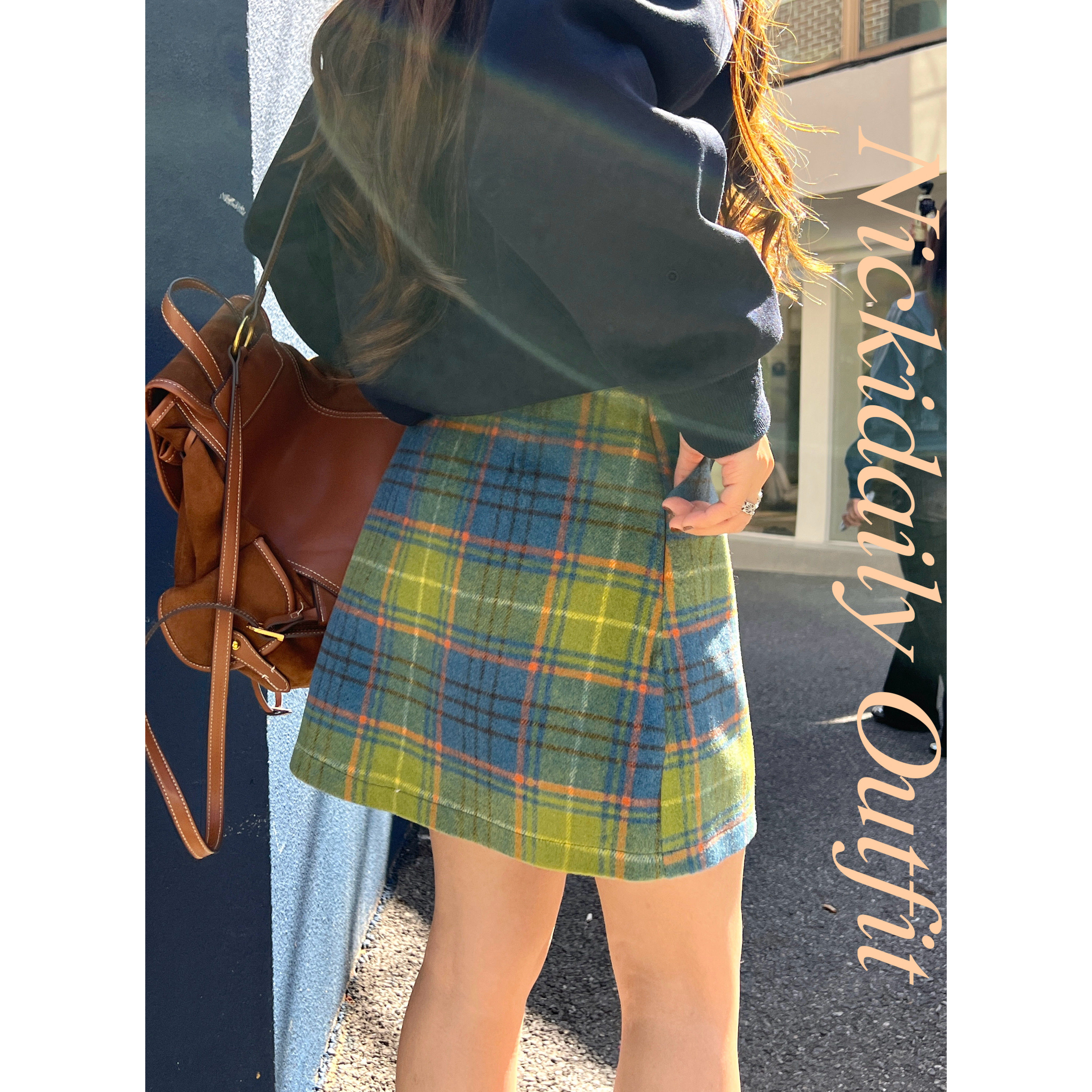 林诗琦NICKIDAILY【莹澈秘境！复古撞色格纹A字毛呢半身裙短裙女