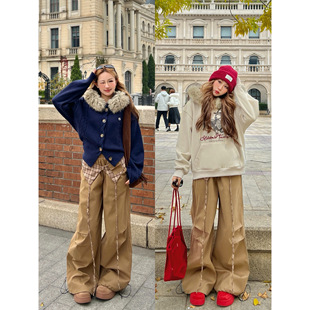 林诗琦NICKIDAILY【怀旧风潮！小众设计感格纹飘带束脚阔腿休闲裤