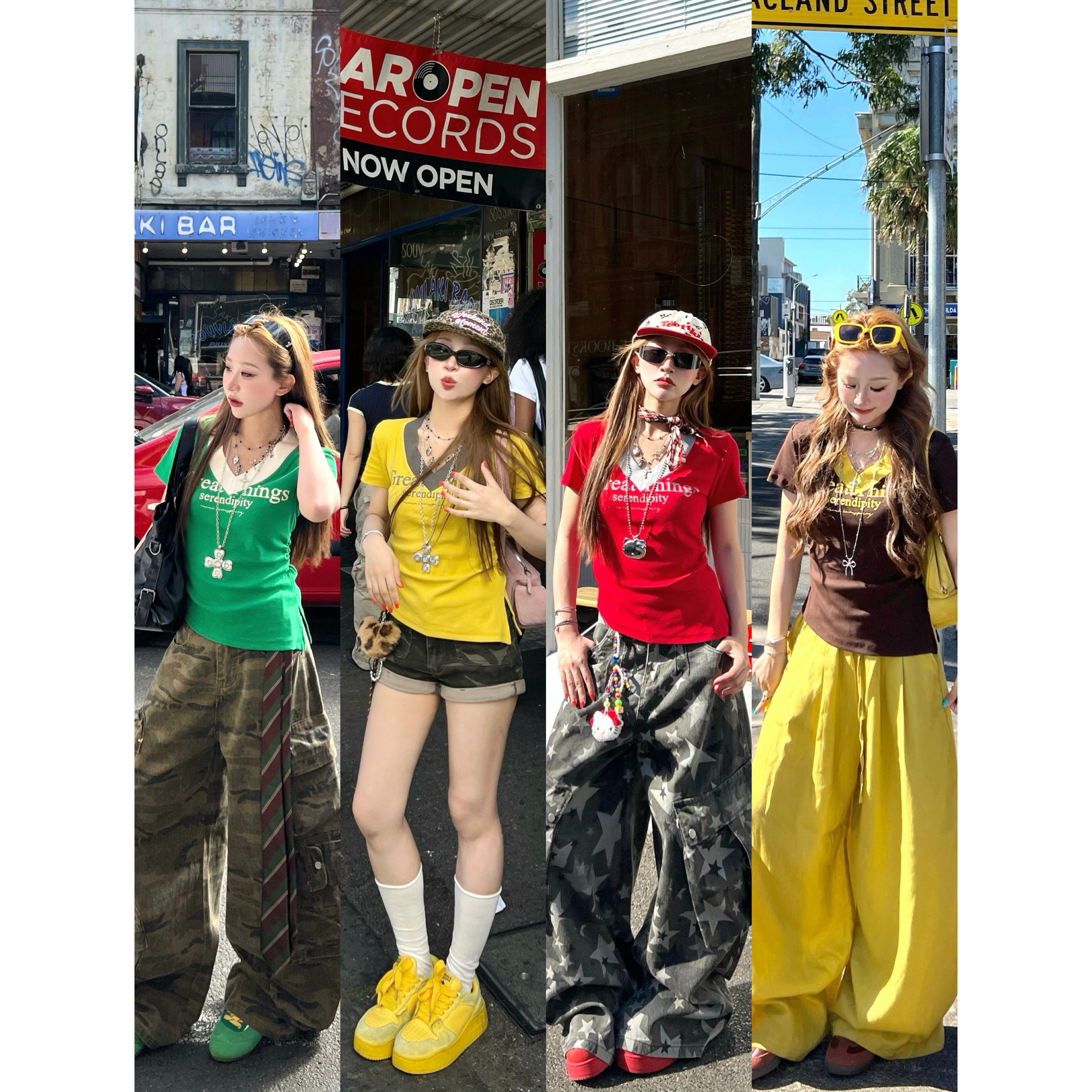 林诗琦NICKIDAILY【街头捕手！撞色领美式复古字母印花短袖T恤女
