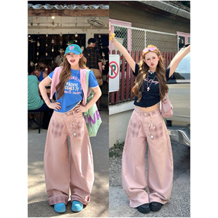 林诗琦NICKIDAILY「松弛buff」小马挂饰格纹拼接高腰弯刀牛仔裤女