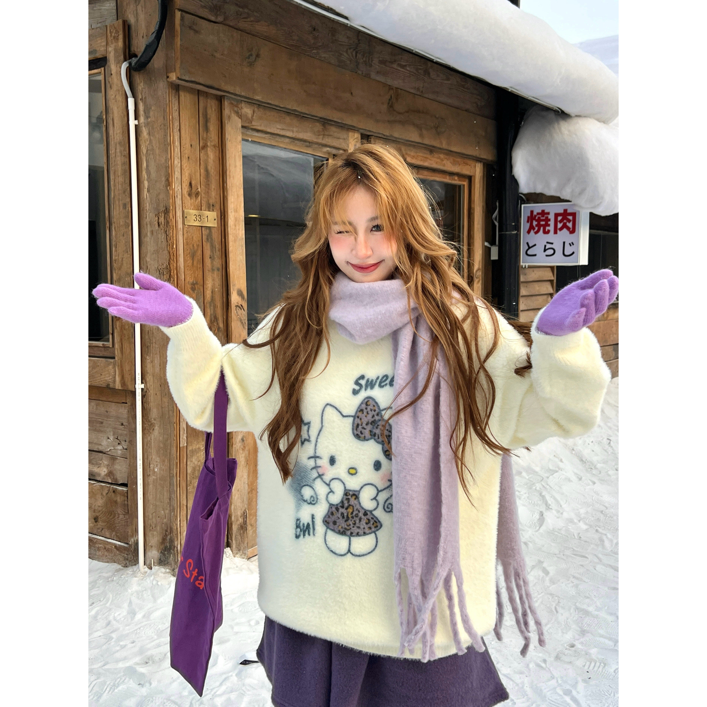 林诗琦NICKIDAILY【慵眠软软！撞色卡通猫咪图案宽松休闲针织毛衣