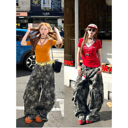 林诗琦NICKIDAILY【baggy pants ！星星印花做旧工装牛仔裤长裤