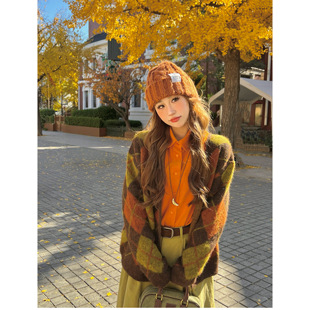 针织开衫 复古撞色菱格V领长袖 外套 清酒解秋 林诗琦NICKIDAILY