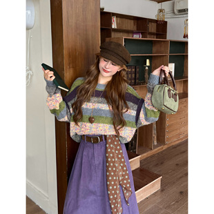 林诗琦NICKIDAILY【虹影海纱！撞色条纹吸睛彩点圆领长袖针织毛衣