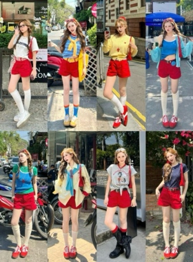 林诗琦NICKIDAILY【复古浆果！超百搭显白红色高腰小A字牛仔短裤