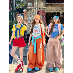 林诗琦NICKIDAILY「美高日记」三色印花假两件短袖 显瘦T恤上衣女