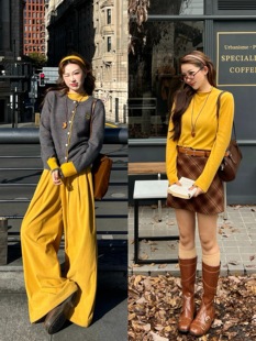 打底衫 黄柔软卷边半高领百搭修身 女 焦糖栗子 林诗琦NICKIDAILY