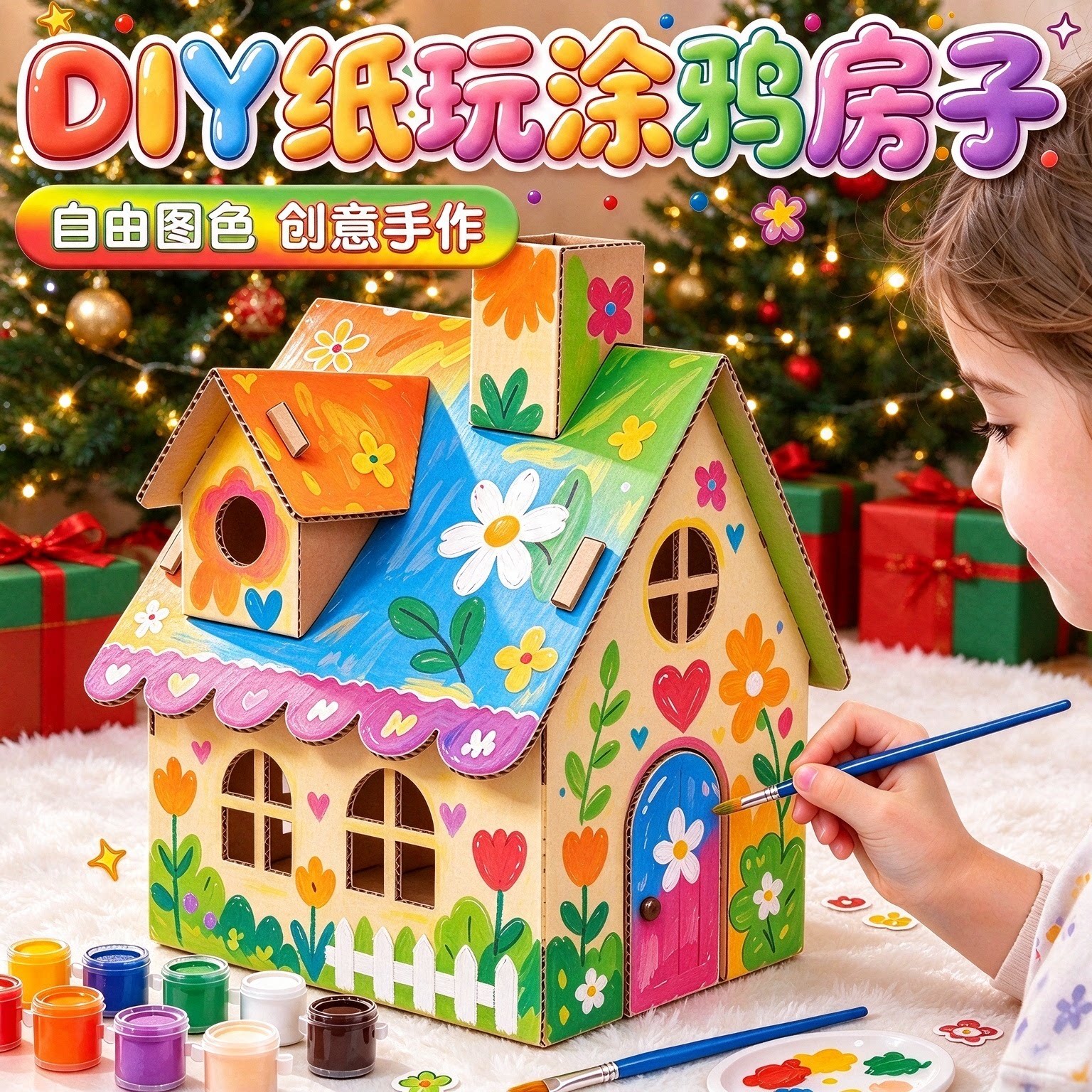 女孩DIY微缩场景纸板模型小屋