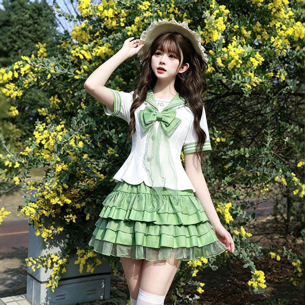 妙也可原创水手服JK制服套装格裙jk收腰短袖百褶裙大码胖MM校服