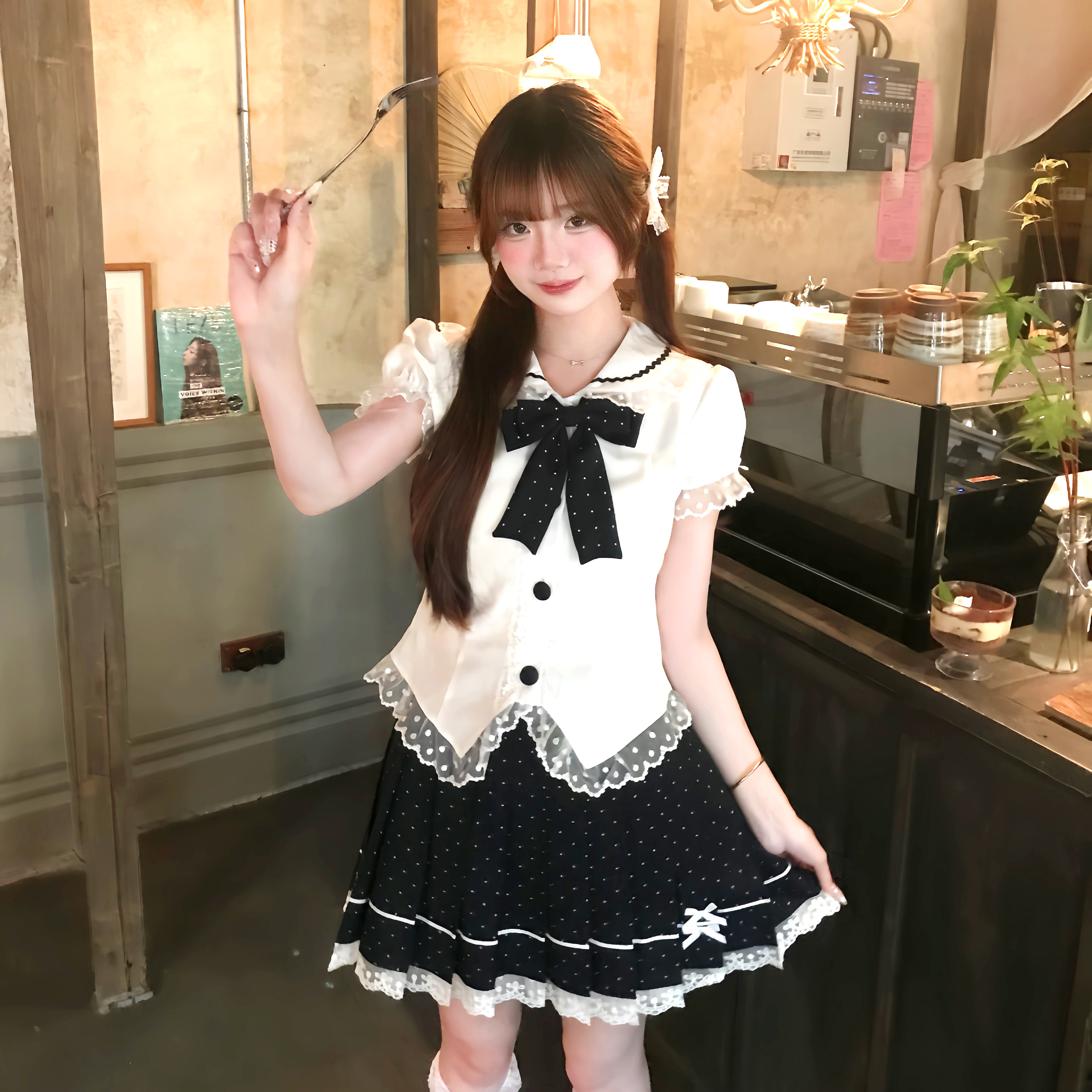 妙也可原创波点水手服蓬蓬裙显瘦