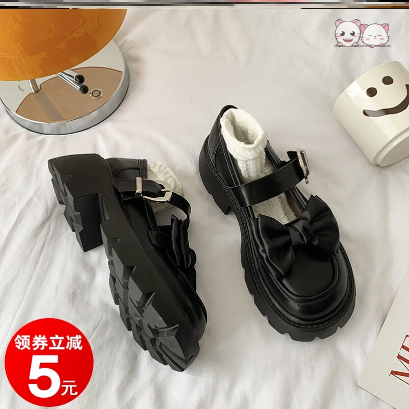 猪腰子鞋黑色玛丽珍女鞋蝴蝶结小皮鞋女2022新款春夏季厚底粗跟软