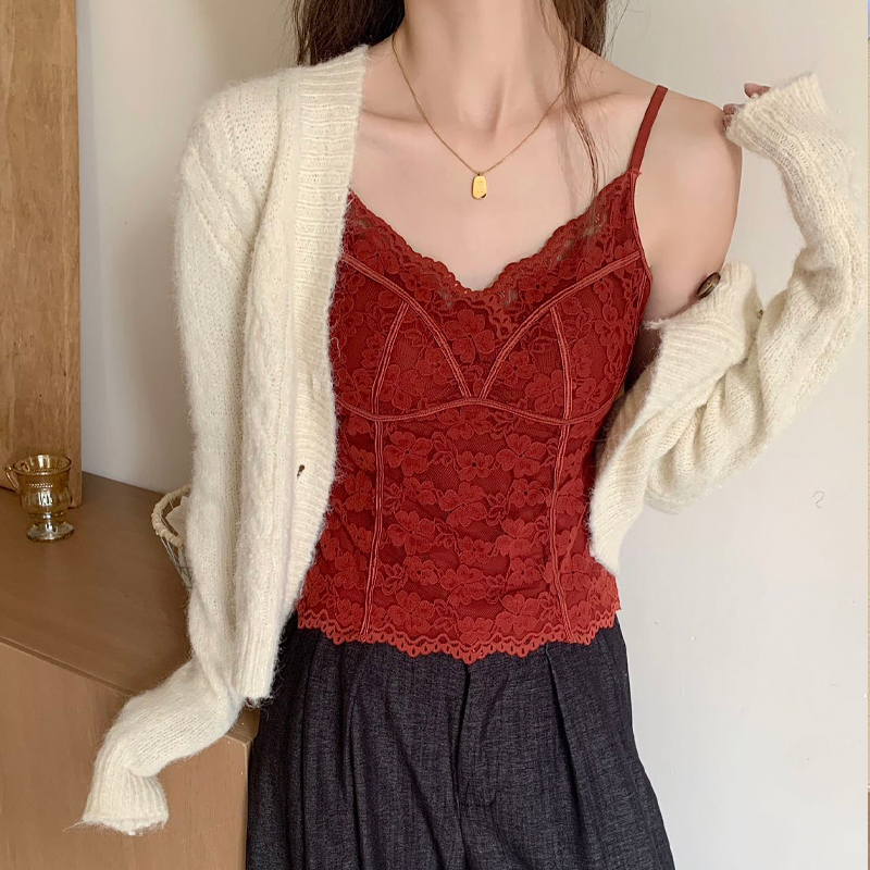 红色蕾丝V领吊带保暖背心
