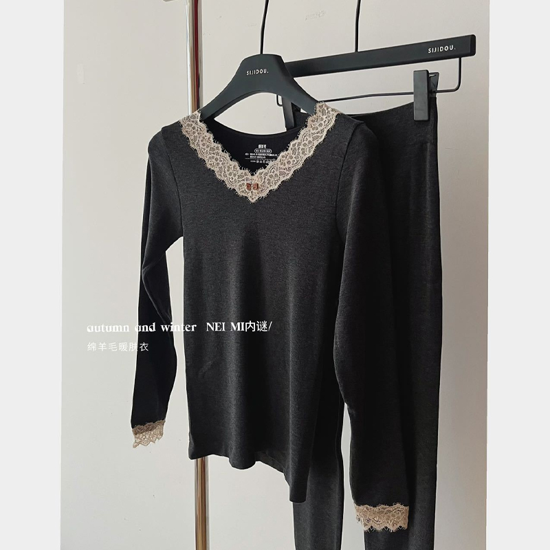 绵羊毛保暖内衣套装女V领蕾丝边