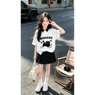 夏季新款女童纯棉Polo衫短袖T恤短裙卡通小黑猫印花学生演出套装