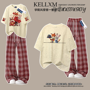 女童扎染纯棉短袖t恤福气朱迪尼克印花夏季ins中大童格子裤两件套