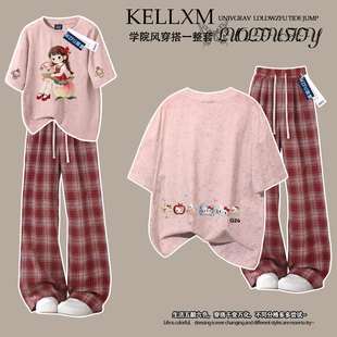 可爱卡通女孩女童夏季纯棉扎染短袖t恤格子裤中大童百搭风两件套