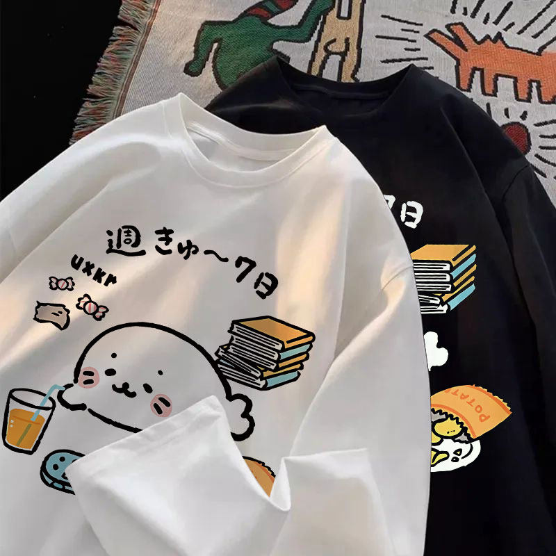 日系软萌小海豹长袖T恤男女童早秋装宽松休闲oversize上衣中大童