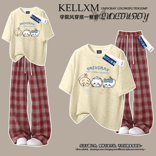 洋气吉伊卡哇女童夏季纯棉扎染短袖t恤格子裤中大童学院风ins套装