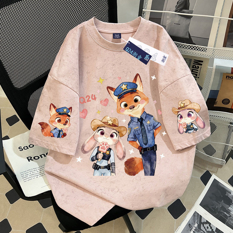 尼克朱迪印花女童扎染短袖T恤夏季2026新款中大童纯棉宽松上衣服