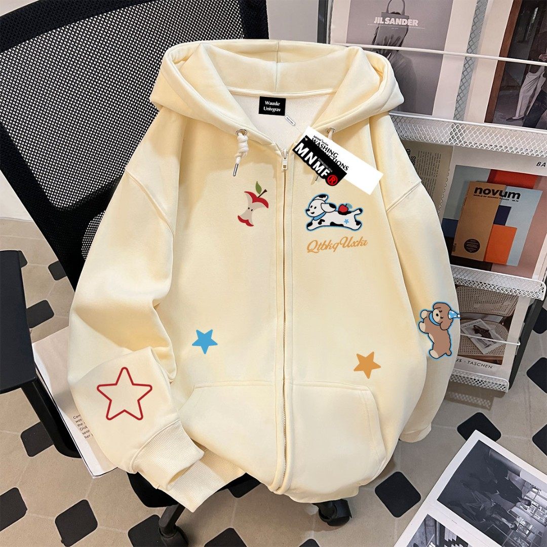 早秋男女童趣味卡通小狗设计印花秋季韩系拉链连帽卫衣中大童外套