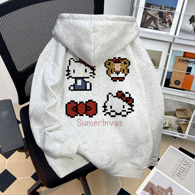 可爱像素小猫连帽卫衣女童秋冬韩系慵懒风百搭中大儿童开衫外套