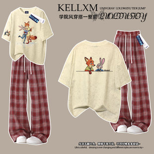 洋气可爱卡通印花女童纯棉扎染短袖t恤格子裤夏季中大童休闲套装