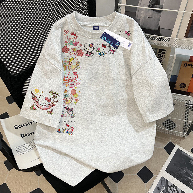 女童短袖夏季2026新款卡通印花中大童纯棉设计感体恤衫学院风上衣