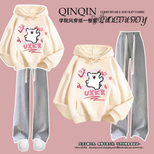 女童秋冬季新款套装洋气卡通线条小狗印花连帽卫衣长裤学生中大童