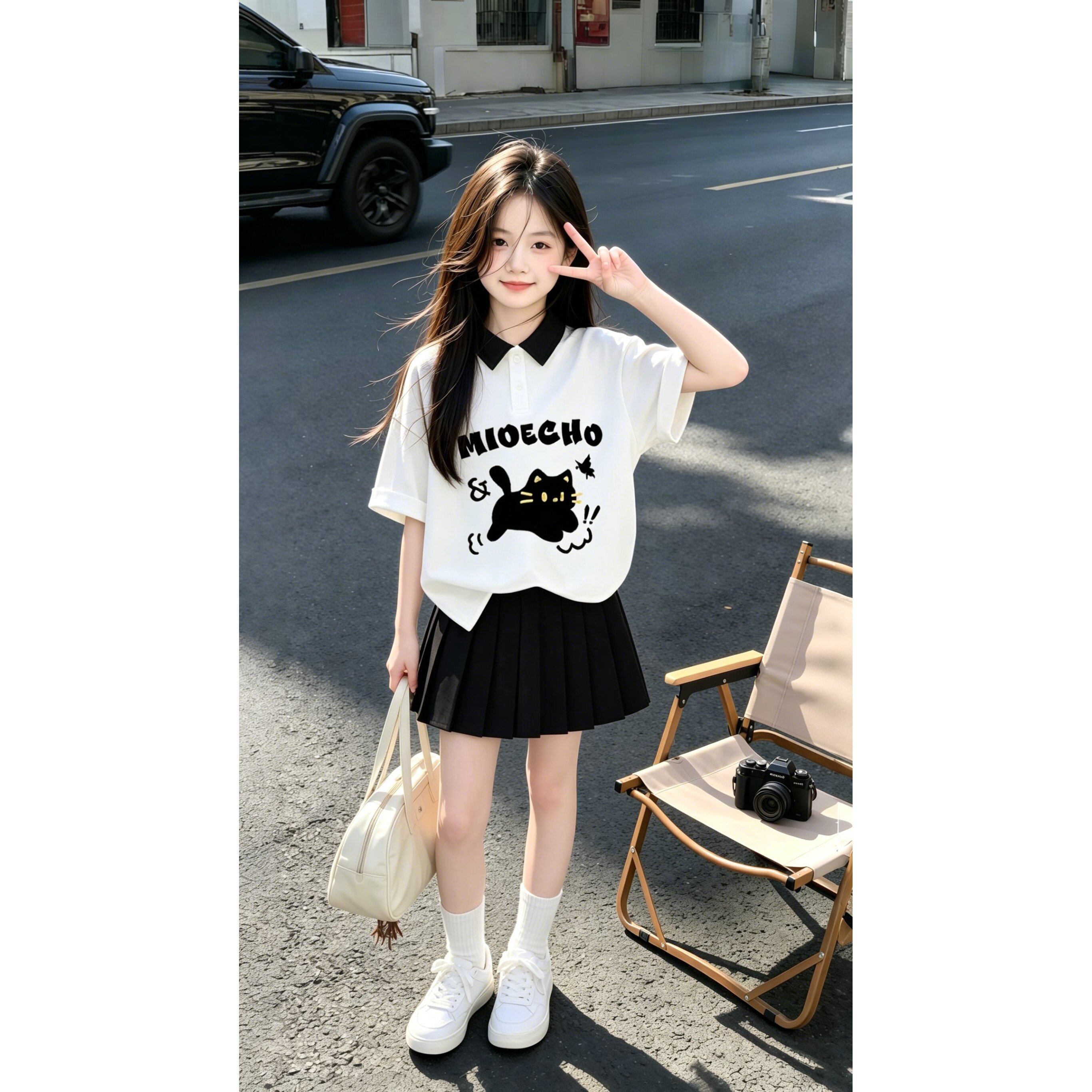 夏季女童洋气韩版猫咪洋气印花Polo衫t恤短袖短裙套装学生演出服