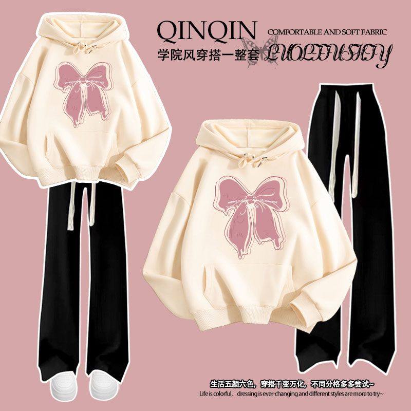 女童秋冬加绒加厚连帽卫衣长裤套装新款洋气潮牌蝴蝶结印花中大童