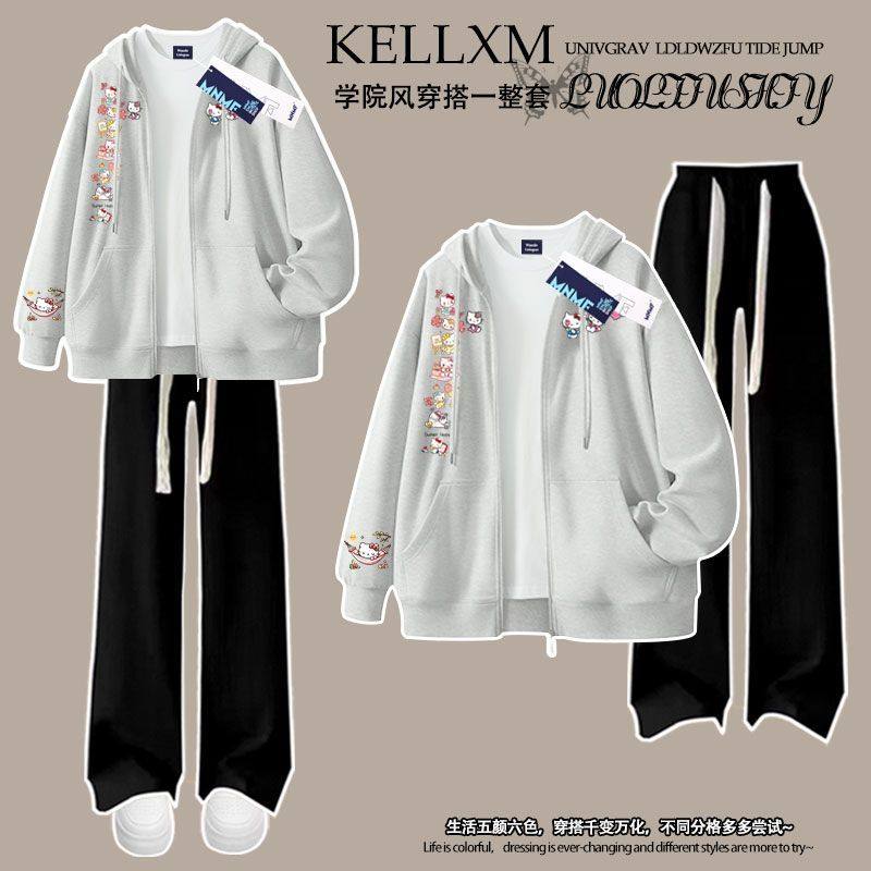 女童洋气可爱小猫印花加绒拉链连帽卫衣套装秋冬百搭时尚两件套