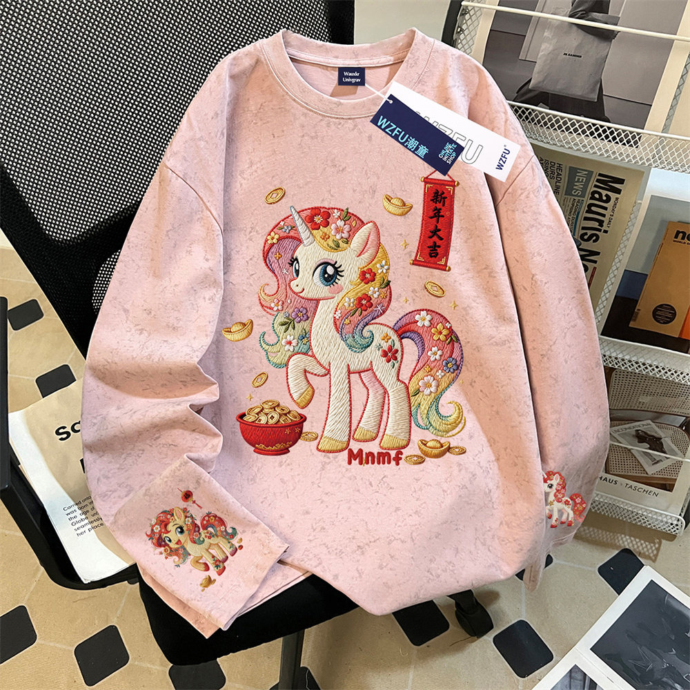 2026新年小马印花女童纯棉长袖扎染t恤春秋款中大童宽松百搭上衣