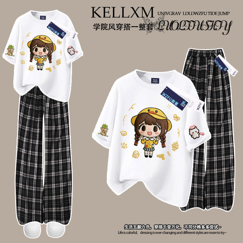 2026夏季新款女童仿刺绣卡通女孩纯棉短袖T恤格子长裤中大童套装