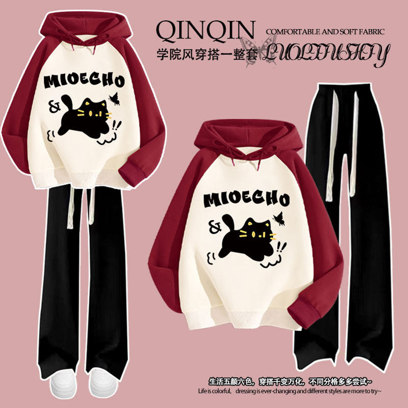 女童插肩连帽卫衣长裤春秋套装新款洋气小猫印花中大童薄款两件装