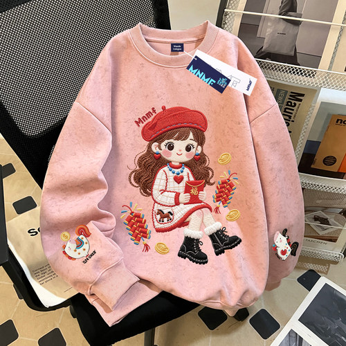 秋冬装2025新款女童扎染圆领卫衣