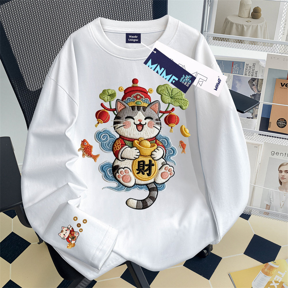 女童喜庆卡通招财猫印花纯棉长袖T恤春秋休闲初中生百搭新年上衣