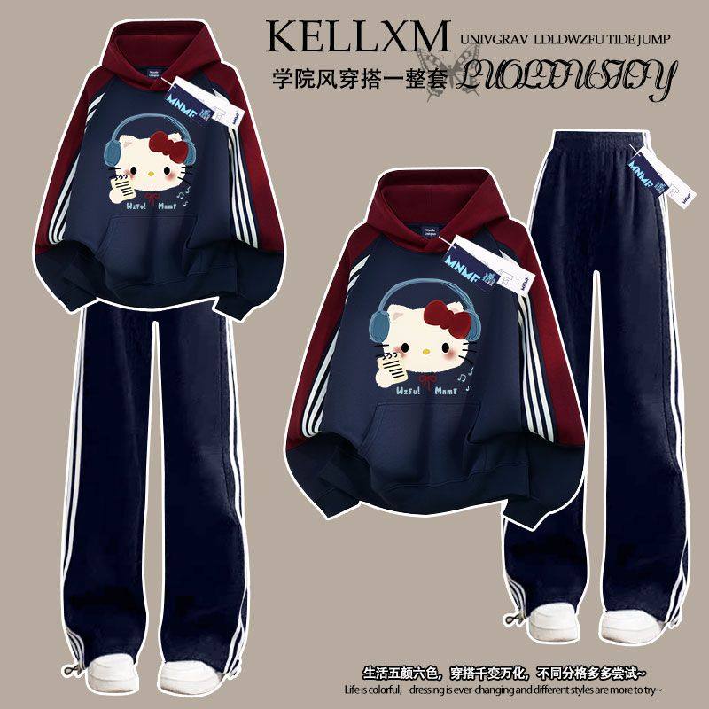 洋气印花潮2026秋季女童插肩连帽卫衣长裤套装初中生时髦宽松ins
