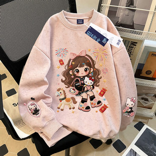 女童扎染圆领卫衣2026马年新款 加绒休闲上衣 卡通女孩中大童秋冬装