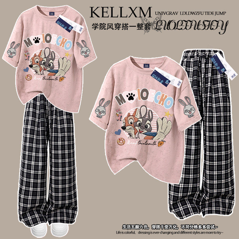 女童扎染短袖T恤格子裤套装仿刺绣朱迪印花中大童夏季纯棉两件套