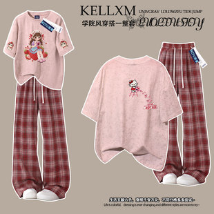 可爱小猫女童纯棉扎染短袖t恤格子裤夏季卡通中学生洋气百搭套装