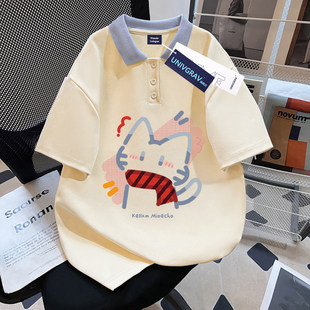 韩系ins夏季女童POLO衫短袖t恤可爱围巾小猫印花洋气百搭学生上衣