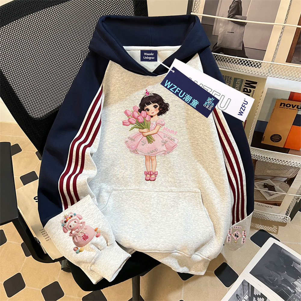 仿刺绣女童加绒插肩三条杠连帽卫衣可爱小猫女孩印花初中生上衣