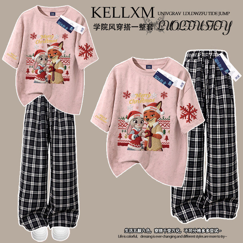 女童扎染纯棉短袖T恤套装卡通疯狂动物城印花中大童夏季两件套潮