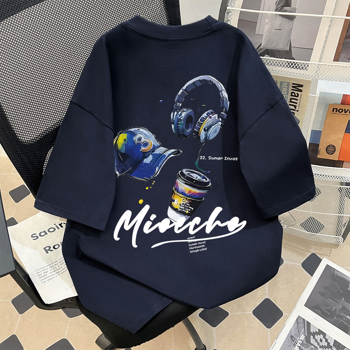 新款夏季炫酷潮流时尚耳机印花男女童短袖100％纯棉T恤中学生上衣