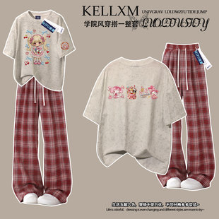 夏季款仿刺绣女童扎染纯棉短袖t恤套装女孩中大童格子裤两件套潮