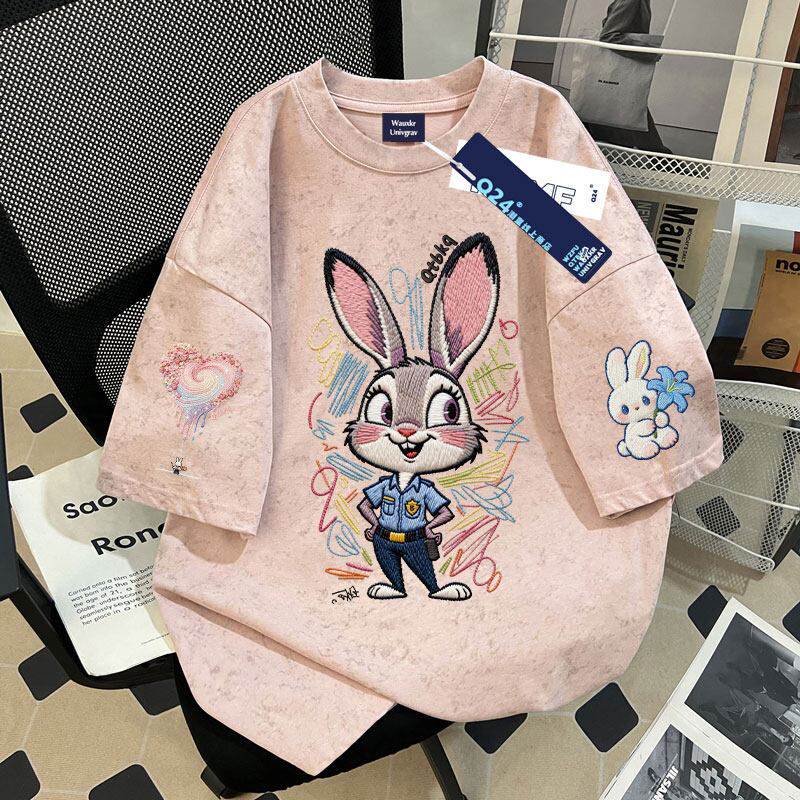 兔子警官仿刺绣夏季100%纯棉女童扎染短袖t恤中学生洋气宽松上衣