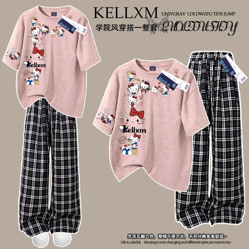 女童夏季纯棉扎染短袖T恤套装洋气小猫印花中大儿童格子裤两件套