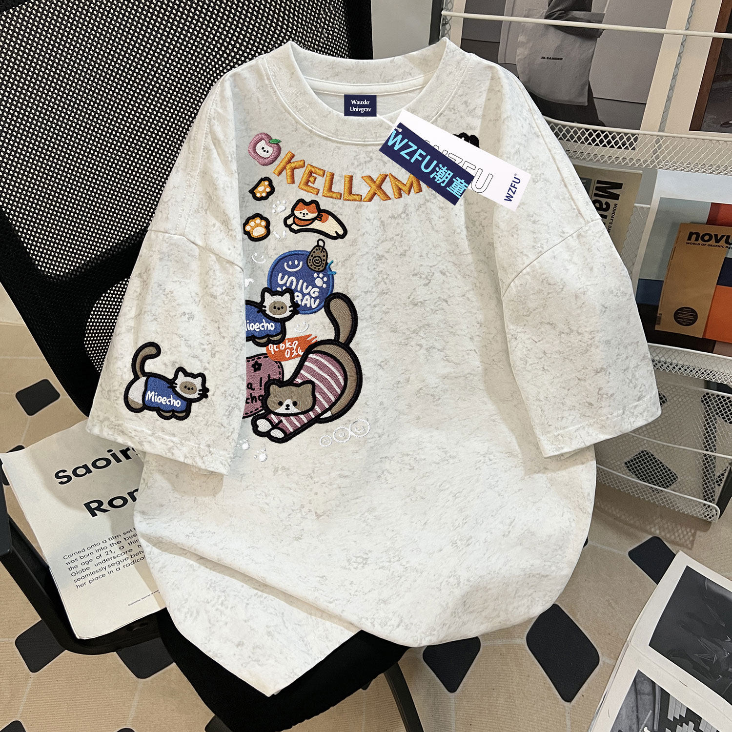 2026夏季新款仿刺绣卡通猫咪女童扎染纯棉短袖T恤中大童国潮上衣