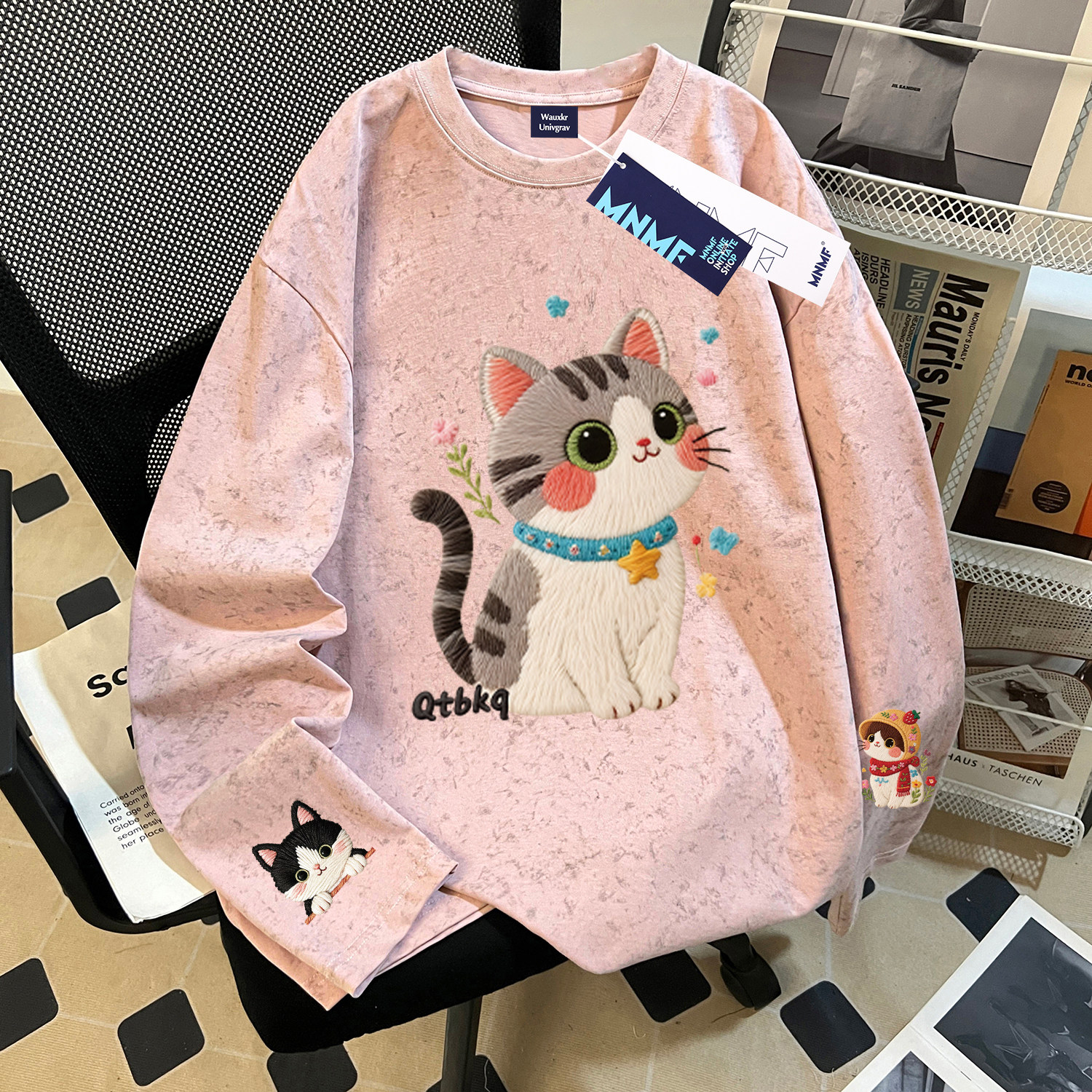 秋季新款女童扎染长袖t恤卡通可爱小猫仿刺绣中大童宽松百搭上衣